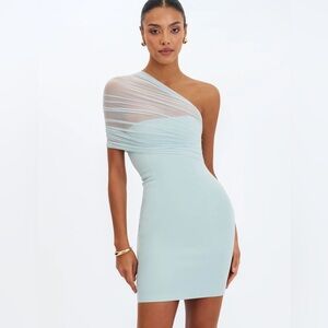 Phoebe Mint One-Shoulder Ruched Mesh Mini Dress